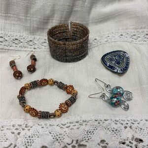 Boho Eclectic Jewelry Accessory Lot - Beaded Cuff, Sun Bracelet, Earrings